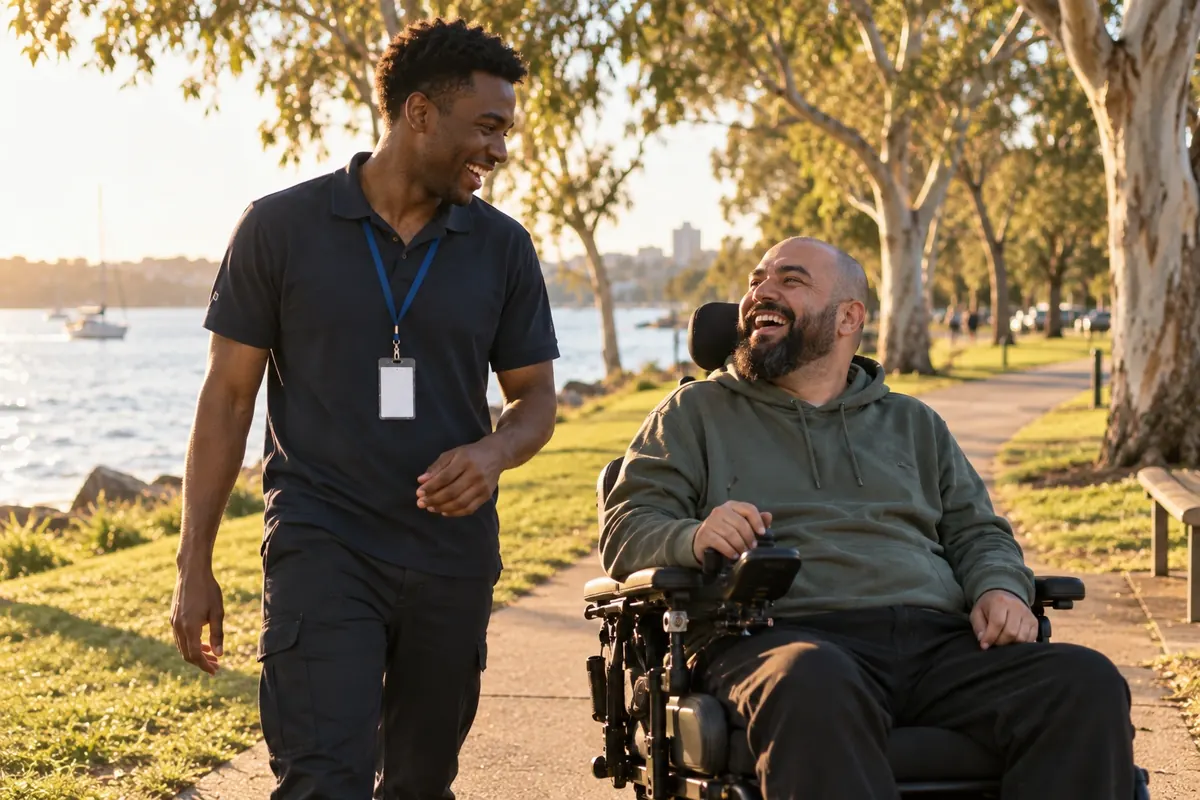 A support worker walking with a man using a wheelchair in a sunny park