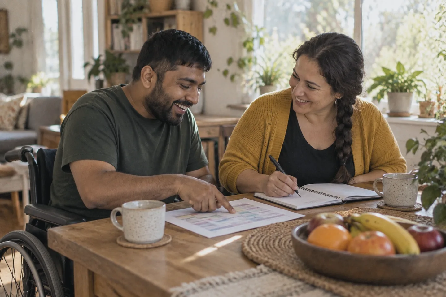 Two people planning the week together at a wooden table with a notebook and mugs