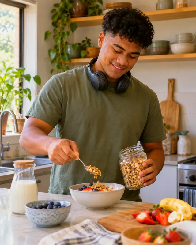 Illustrative photo: a young man spooning oats into a bowl while cooking breakfast