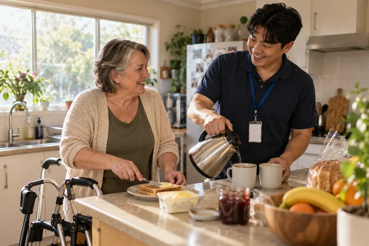 A support worker and a participant making breakfast together in a kitchen