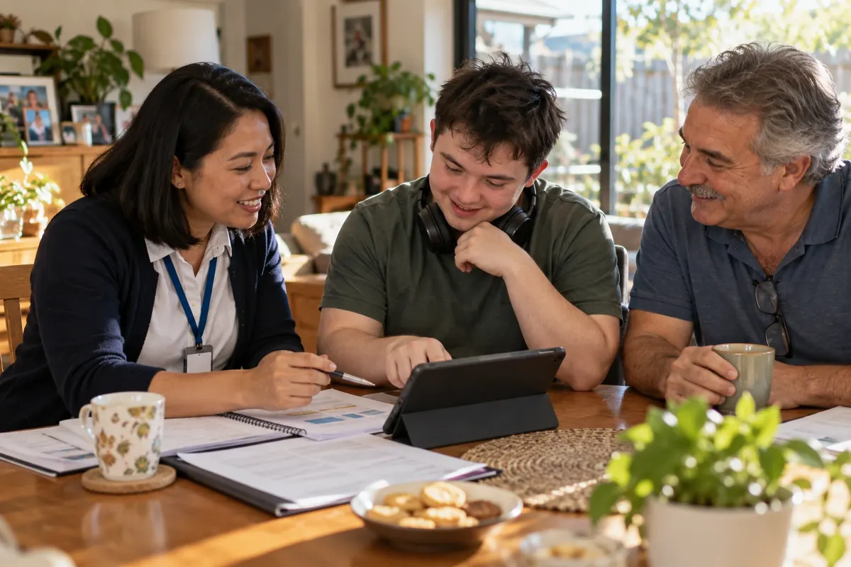 Two people planning together at a table with a notebook